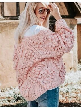 Chicwish Pink Heart Knit Cardigan Chunky Wool Blend Blogger Fav Cottagecore S/M